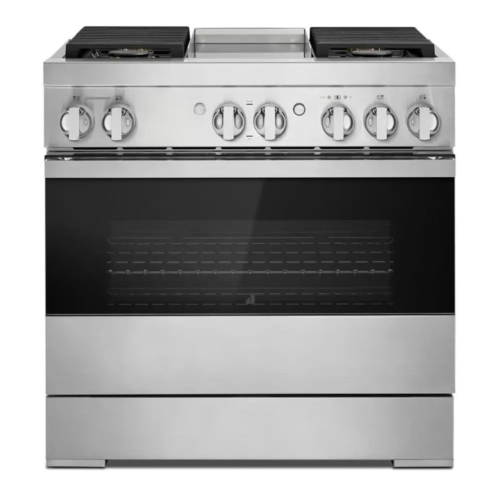 JennAir NOIR 36 inch Dual-Fuel Professional Range with 5.1 cu. ft. Oven Capacity, 4 Burners and Griddle, Remote Access, Cinematic Oven Lights, and Sabbath Mode in Stainless Steel, JDSP536HM