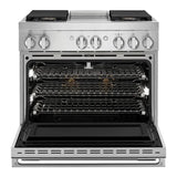 JennAir NOIR 36 inch Dual-Fuel Professional Range with 5.1 cu. ft. Oven Capacity, 4 Burners and Griddle, Remote Access, Cinematic Oven Lights, and Sabbath Mode in Stainless Steel, JDSP536HM