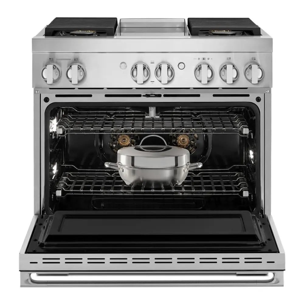 JennAir NOIR 36 inch Dual-Fuel Professional Range with 5.1 cu. ft. Oven Capacity, 4 Burners and Griddle, Remote Access, Cinematic Oven Lights, and Sabbath Mode in Stainless Steel, JDSP536HM