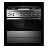 JennAir NOIR 36 inch Dual-Fuel Professional Range with 5.1 cu. ft. Oven Capacity, 4 Burners and Griddle, Remote Access, Cinematic Oven Lights, and Sabbath Mode in Stainless Steel, JDSP536HM