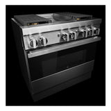JennAir NOIR 36 inch Dual-Fuel Professional Range with 5.1 cu. ft. Oven Capacity, 4 Burners and Griddle, Remote Access, Cinematic Oven Lights, and Sabbath Mode in Stainless Steel, JDSP536HM