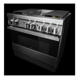 JennAir NOIR 36 inch Dual-Fuel Professional Range with 5.1 cu. ft. Oven Capacity, 4 Burners and Griddle, Remote Access, Cinematic Oven Lights, and Sabbath Mode in Stainless Steel, JDSP536HM