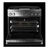 JennAir NOIR 36 inch Dual-Fuel Professional Range with 5.1 cu. ft. Oven Capacity, 4 Burners and Griddle, Remote Access, Cinematic Oven Lights, and Sabbath Mode in Stainless Steel, JDSP536HM