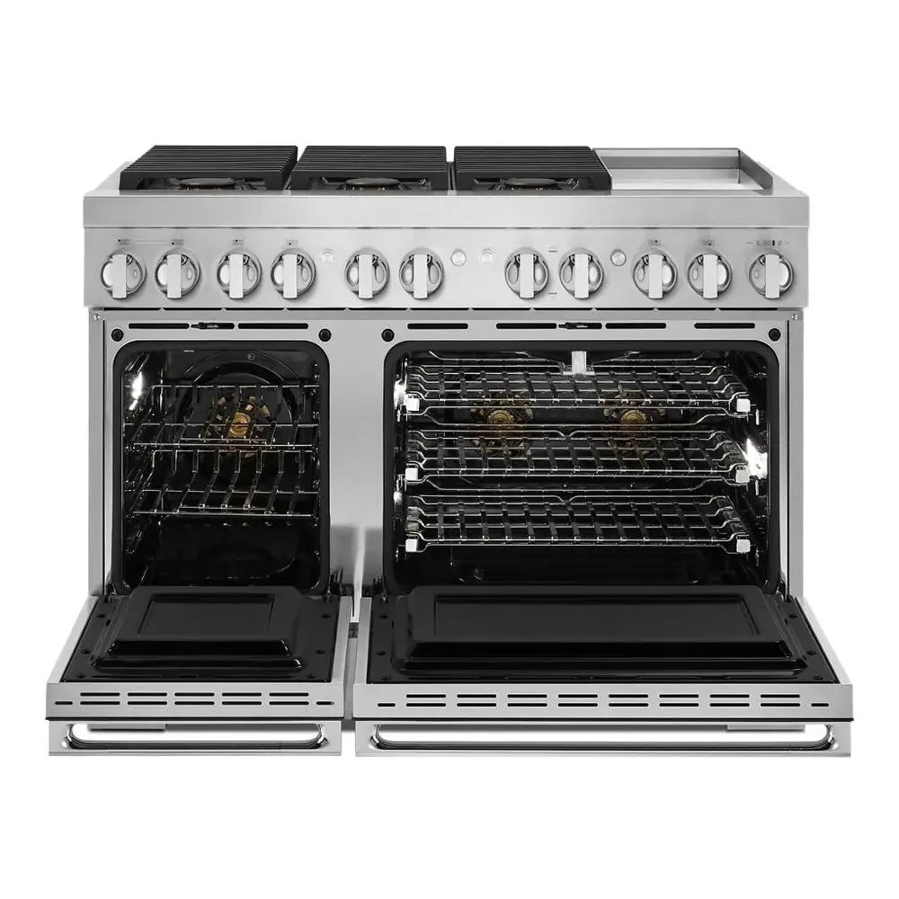 JennAir NOIR 48 inch Dual Fuel Professional Range with 6 Burners, Chrome-Infused Griddle, Steam Assist, Dual-Fan True Convection, Smooth Close Door, in Stainless Steel, JDSP548HM