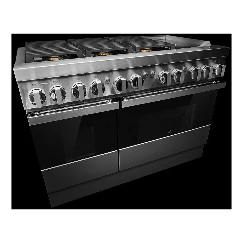 JennAir NOIR 48 inch Dual Fuel Professional Range with 6 Burners, Chrome-Infused Griddle, Steam Assist, Dual-Fan True Convection, Smooth Close Door, in Stainless Steel, JDSP548HM