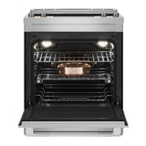 JennAir RISE 30 inch Electric Slide-In Range with 5 Elements, 6.8 cu. ft. Oven Capacity, Die-Cast Metal Knobs, Baking Drawer, Air Fry, AquaLift Self-Cleaning Technology, in Stainless Steel, JES1450ML
