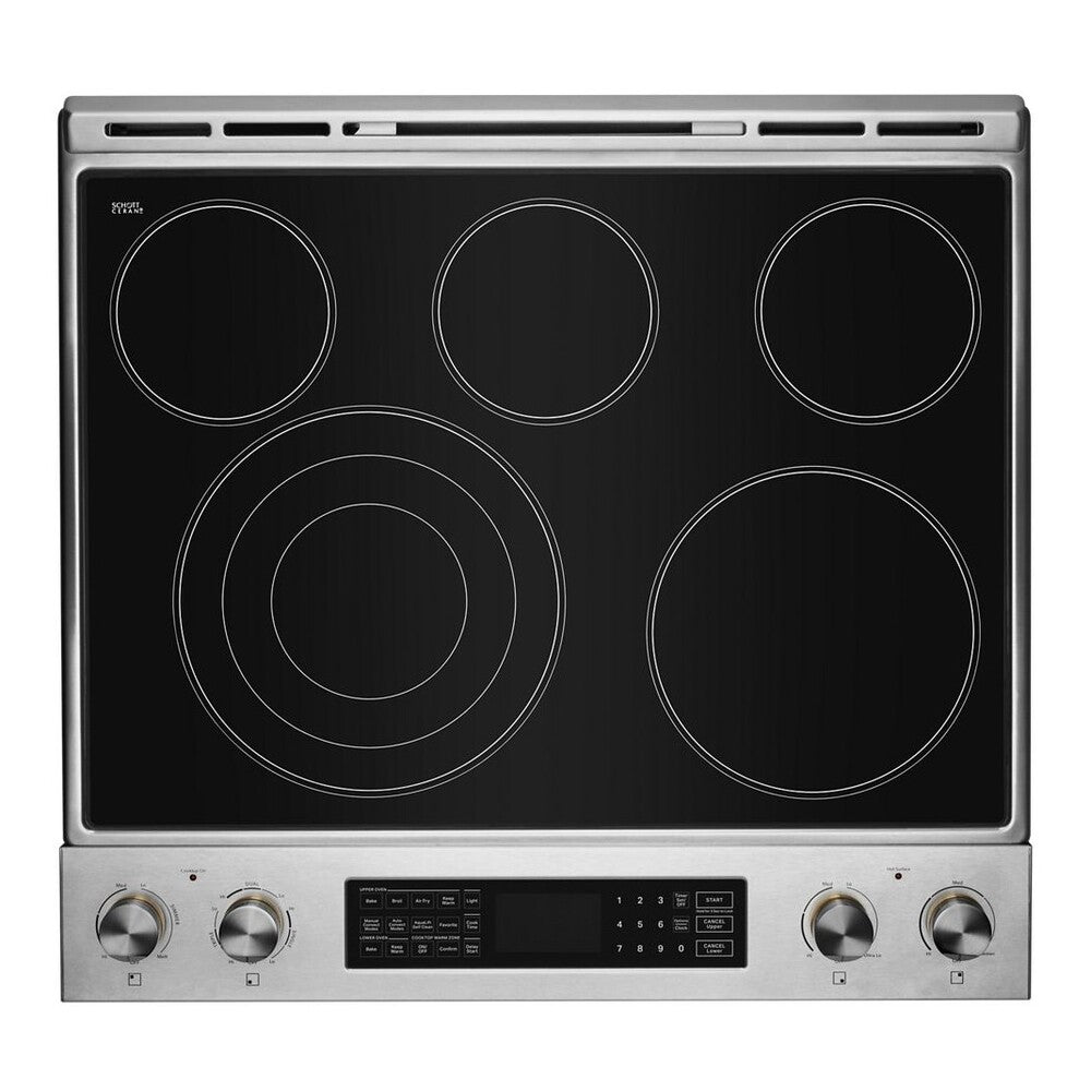 JennAir RISE 30 inch Electric Slide-In Range with 5 Elements, 6.8 cu. ft. Oven Capacity, Die-Cast Metal Knobs, Baking Drawer, Air Fry, AquaLift Self-Cleaning Technology, in Stainless Steel, JES1450ML