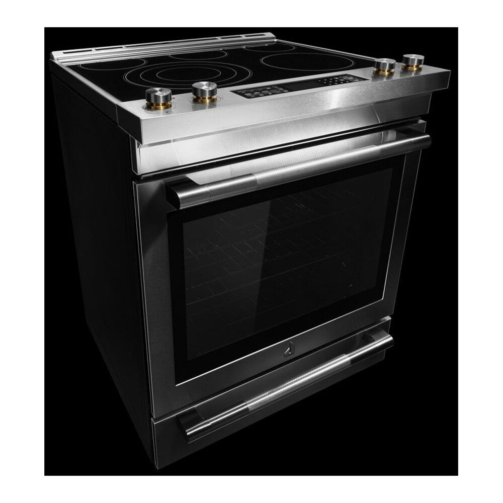 JennAir RISE 30 inch Electric Slide-In Range with 5 Elements, 6.8 cu. ft. Oven Capacity, Die-Cast Metal Knobs, Baking Drawer, Air Fry, AquaLift Self-Cleaning Technology, in Stainless Steel, JES1450ML