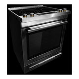 JennAir RISE 30 inch Electric Slide-In Range with 5 Elements, 6.8 cu. ft. Oven Capacity, Die-Cast Metal Knobs, Baking Drawer, Air Fry, AquaLift Self-Cleaning Technology, in Stainless Steel, JES1450ML
