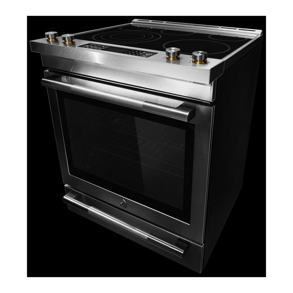JennAir RISE 30 inch Electric Slide-In Range with 5 Elements, 6.8 cu. ft. Oven Capacity, Die-Cast Metal Knobs, Baking Drawer, Air Fry, AquaLift Self-Cleaning Technology, in Stainless Steel, JES1450ML