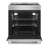 JennAir RISE 30 inch Slide-In Electric Range with Downdraft Ventilation, 4 Elements, 6.2 cu. ft. Oven Capacity with True Convection, Air Fry, AquaLift Self-Cleaning Technology, in Stainless Steel JES1750ML