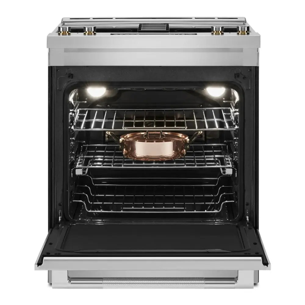 JennAir RISE 30 inch Slide-In Electric Range with Downdraft Ventilation, 4 Elements, 6.2 cu. ft. Oven Capacity with True Convection, Air Fry, AquaLift Self-Cleaning Technology, in Stainless Steel JES1750ML