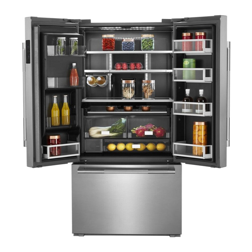 JennAir RISE 36 inch Smart French Door Counter Depth Refrigerator with 23.8 cu. ft. Capacity, and Obsidian Interior in Stainless Steel, JFFCC72EHL