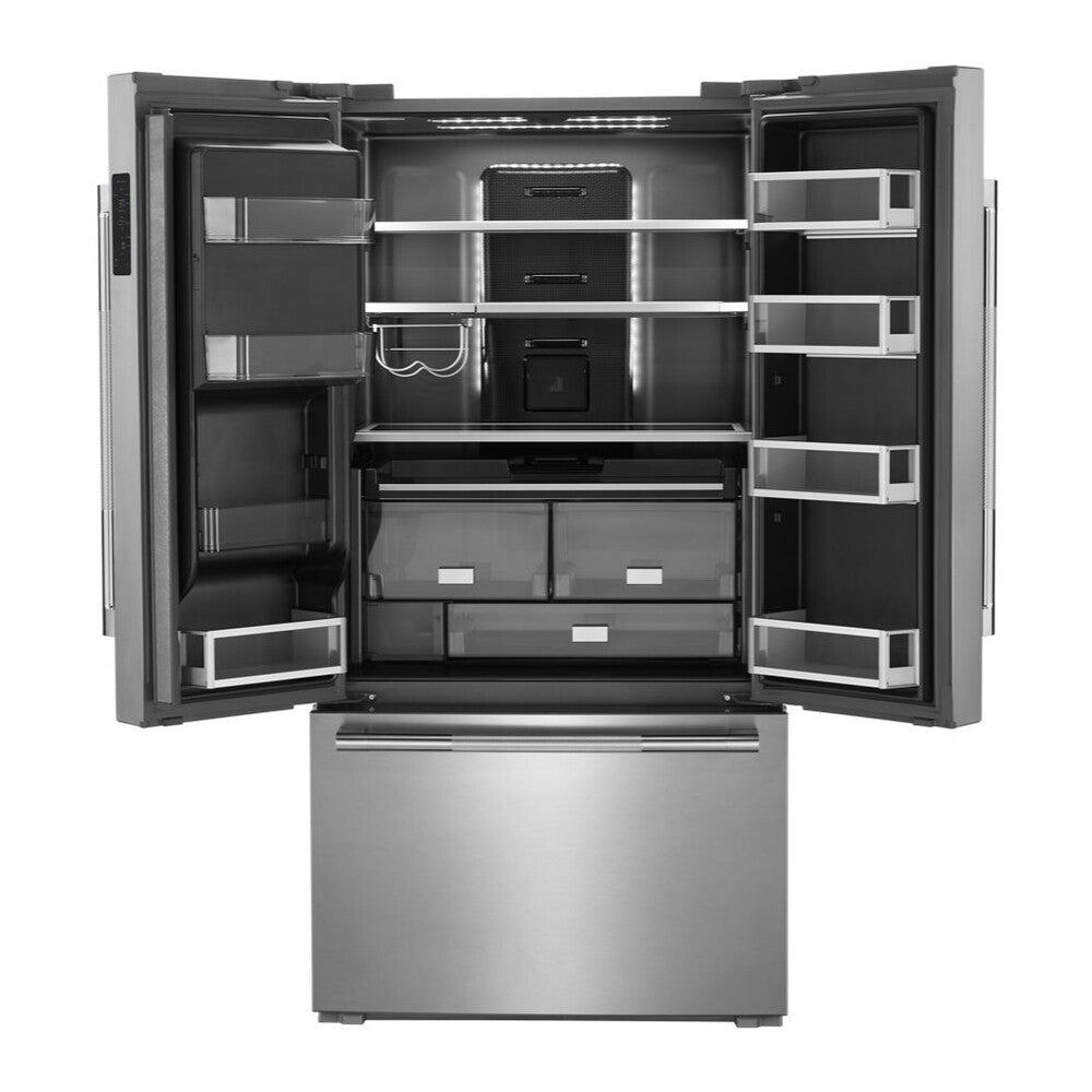 JennAir RISE 36 inch Smart French Door Counter Depth Refrigerator with 23.8 cu. ft. Capacity, and Obsidian Interior in Stainless Steel, JFFCC72EHL
