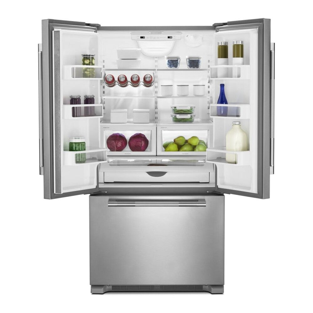 JennAir RISE 36 inch French Door Refrigerator with 21.94 cu. ft. Total Capacity, TriSensor Electronic Climate Control in Stainless Steel, JFFCF72DKL