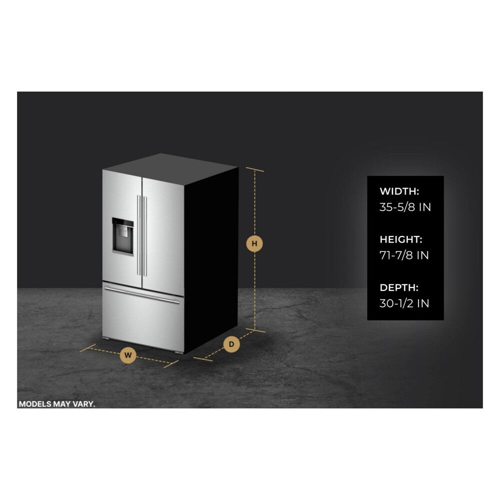 JennAir RISE 36 inch French Door Refrigerator with 21.94 cu. ft. Total Capacity, TriSensor Electronic Climate Control in Stainless Steel, JFFCF72DKL