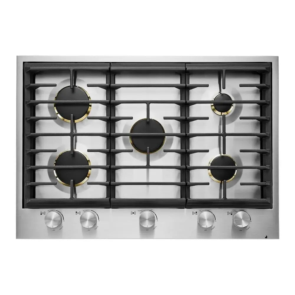 JennAir 30 inch Gas Cooktop with 5 Sealed Brass Burners, White LED Burner Indicator, Single Point Electronic Ignition and Flame-Sensing Re-ignition in Stainless Steel, JGC3530GS
