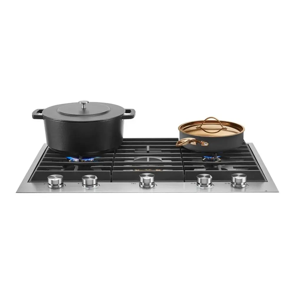 JennAir 30 inch Gas Cooktop with 5 Sealed Brass Burners, White LED Burner Indicator, Single Point Electronic Ignition and Flame-Sensing Re-ignition in Stainless Steel, JGC3530GS