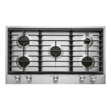 JennAir 36 inch Gas Cooktop with 5 Burners, 20000 BTU Dual Stacked PowerBurner, Flame-Sensing Re-ignition, and White LED Burner Indicator in Stainless Steel, JGC3536GS
