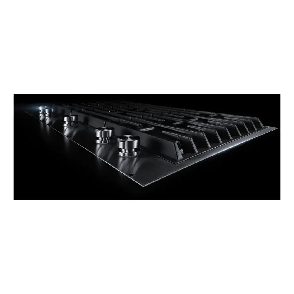 JennAir 36 inch Gas Cooktop with 5 Burners, 20000 BTU Dual Stacked PowerBurner, Flame-Sensing Re-ignition, and White LED Burner Indicator in Stainless Steel, JGC3536GS