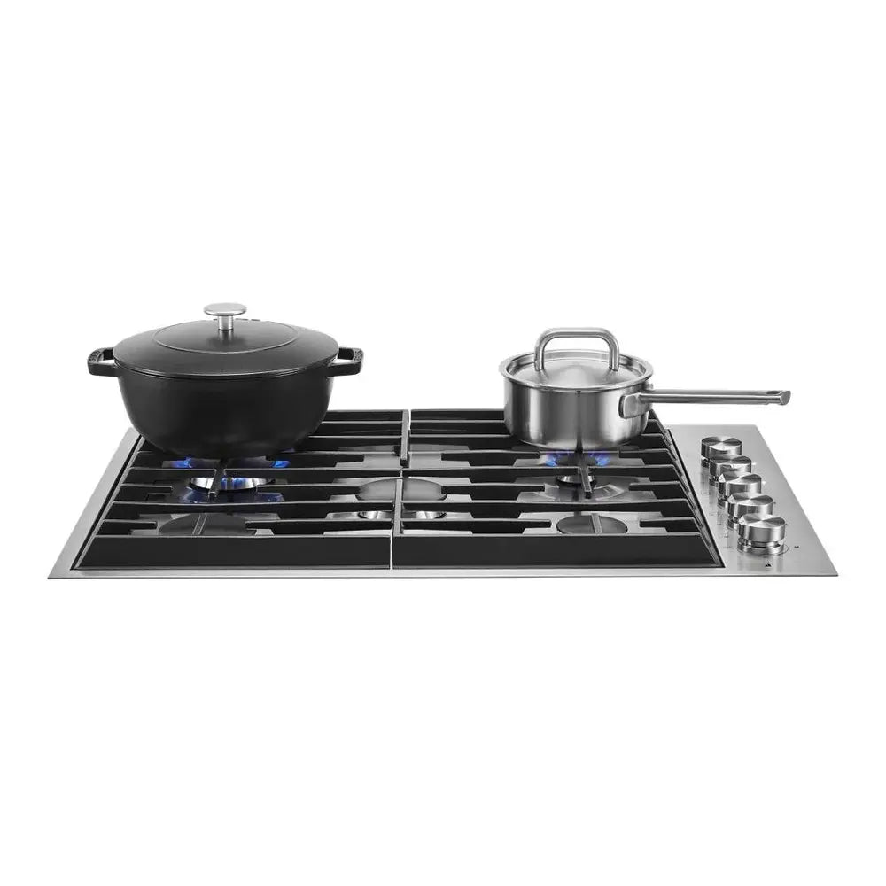 JennAir 30 inch Euro-Style Gas Cooktop with 5 Sealed Burners, 18000 BTU Brass PowerBurner, Simmer Burner, and Infinite Burner Control Settings in Stainless Steel, JGC7530BS