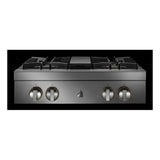 JennAir RISE 30 inch Gas Rangetop with 4 Sealed Burners, Cast Iron Grates, Halo-Effect Knobs, Electronic Ignition with Flame-Sensing Reignition, in Stainless Steel, JGCP430HL