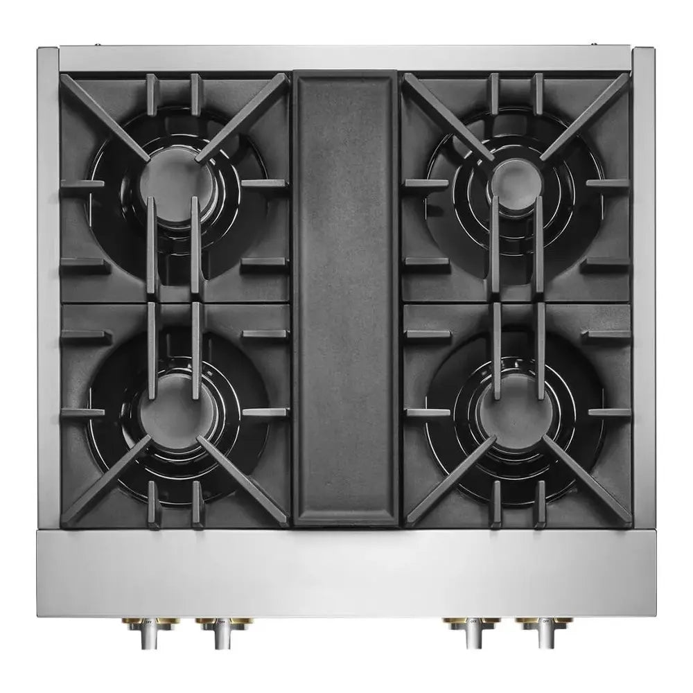 JennAir RISE 30 inch Gas Rangetop with 4 Sealed Burners, Cast Iron Grates, Halo-Effect Knobs, Electronic Ignition with Flame-Sensing Reignition, in Stainless Steel, JGCP430HL