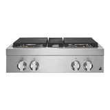 JennAir NOIR 30 inch Gas Rangetop with 4 Sealed Burners, Cast Iron Grates, Halo-Effect Knobs, Electronic Ignition with Flame-Sensing Reignition, in Stainless Steel, JGCP430HM