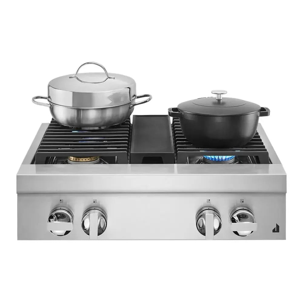 JennAir NOIR 30 inch Gas Rangetop with 4 Sealed Burners, Cast Iron Grates, Halo-Effect Knobs, Electronic Ignition with Flame-Sensing Reignition, in Stainless Steel, JGCP430HM