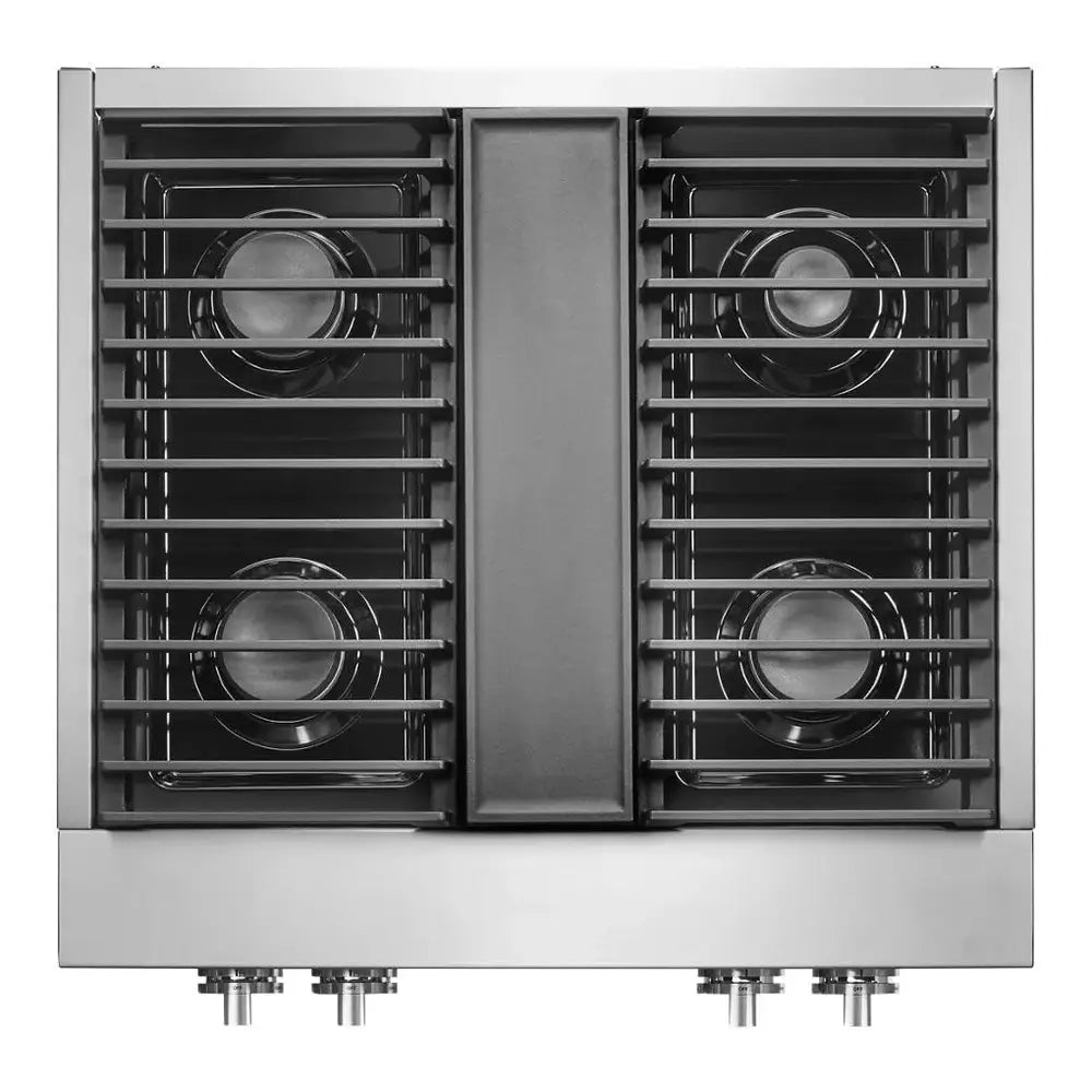 JennAir NOIR 30 inch Gas Rangetop with 4 Sealed Burners, Cast Iron Grates, Halo-Effect Knobs, Electronic Ignition with Flame-Sensing Reignition, in Stainless Steel, JGCP430HM