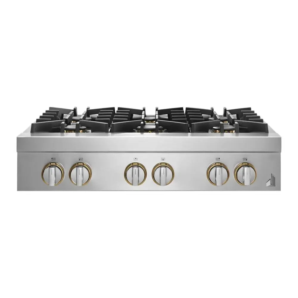 JennAir RISE 36 inch Gas Rangetop with 6 Sealed Burners, Halo Effect Knobs, Electronic Ignition with Flame Sensing Reignition, in Stainless Steel, JGCP436HL