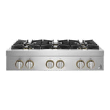 JennAir RISE 36 inch Gas Rangetop with 6 Sealed Burners, Halo Effect Knobs, Electronic Ignition with Flame Sensing Reignition, in Stainless Steel, JGCP436HL