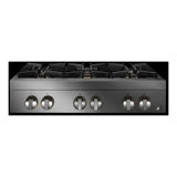 JennAir RISE 36 inch Gas Rangetop with 6 Sealed Burners, Halo Effect Knobs, Electronic Ignition with Flame Sensing Reignition, in Stainless Steel, JGCP436HL