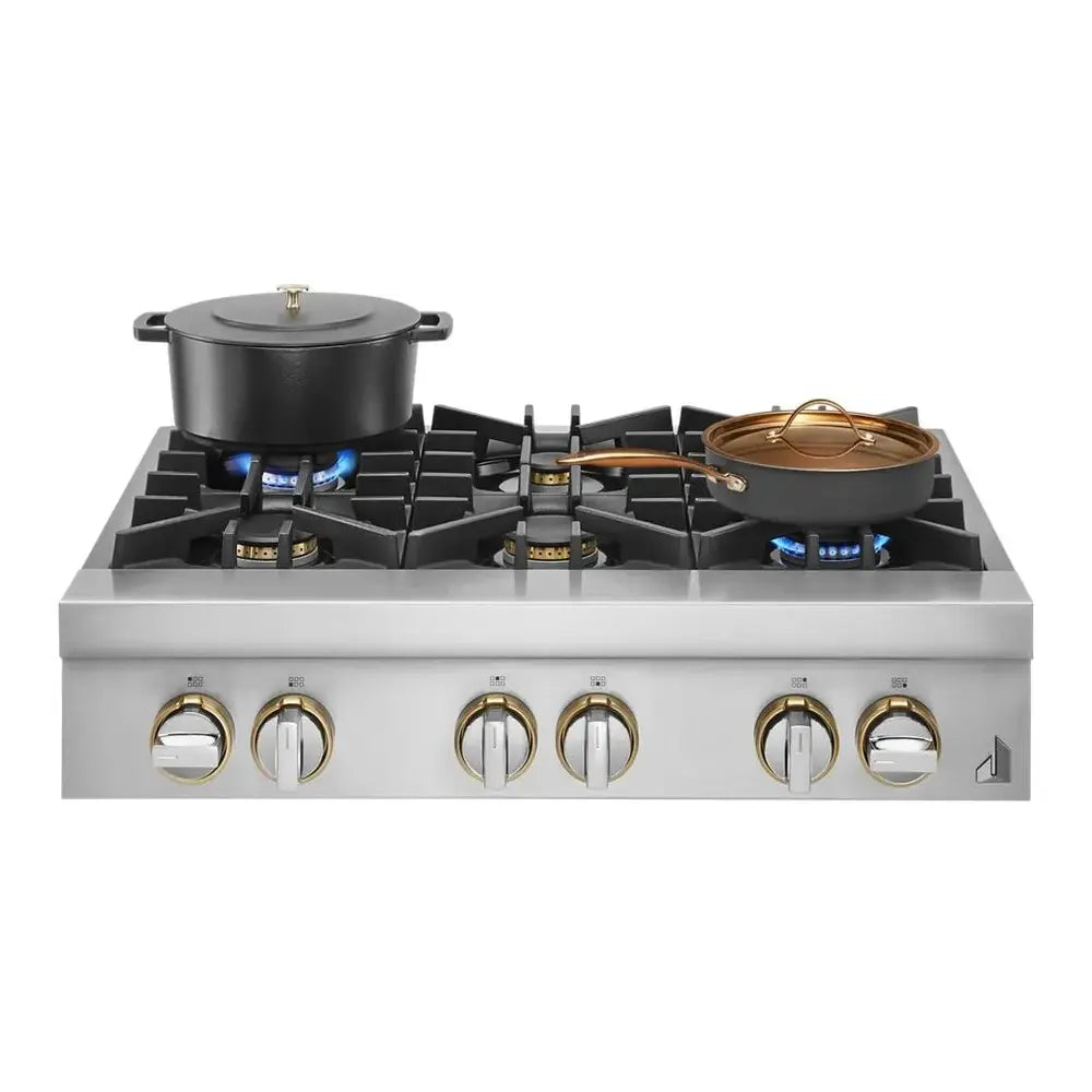 JennAir RISE 36 inch Gas Rangetop with 6 Sealed Burners, Halo Effect Knobs, Electronic Ignition with Flame Sensing Reignition, in Stainless Steel, JGCP436HL