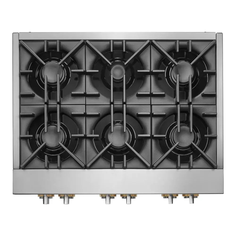 JennAir RISE 36 inch Gas Rangetop with 6 Sealed Burners, Halo Effect Knobs, Electronic Ignition with Flame Sensing Reignition, in Stainless Steel, JGCP436HL