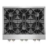 JennAir RISE 36 inch Gas Rangetop with 6 Sealed Burners, Halo Effect Knobs, Electronic Ignition with Flame Sensing Reignition, in Stainless Steel, JGCP436HL