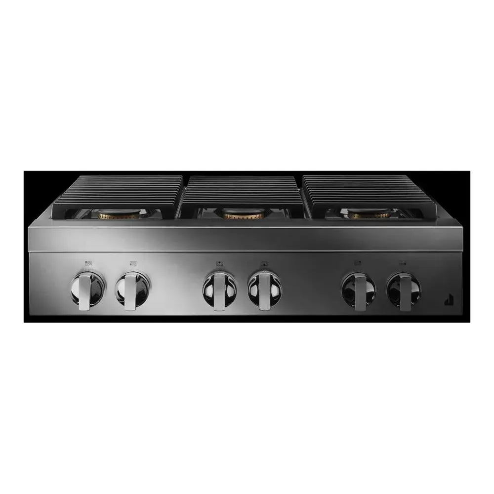 JennAir NOIR 36 inch Gas Rangetop with 6 Sealed Burners, Halo Effect Knobs, Electronic Ignition with Flame Sensing Reignition, in Stainless Steel, JGCP436HM