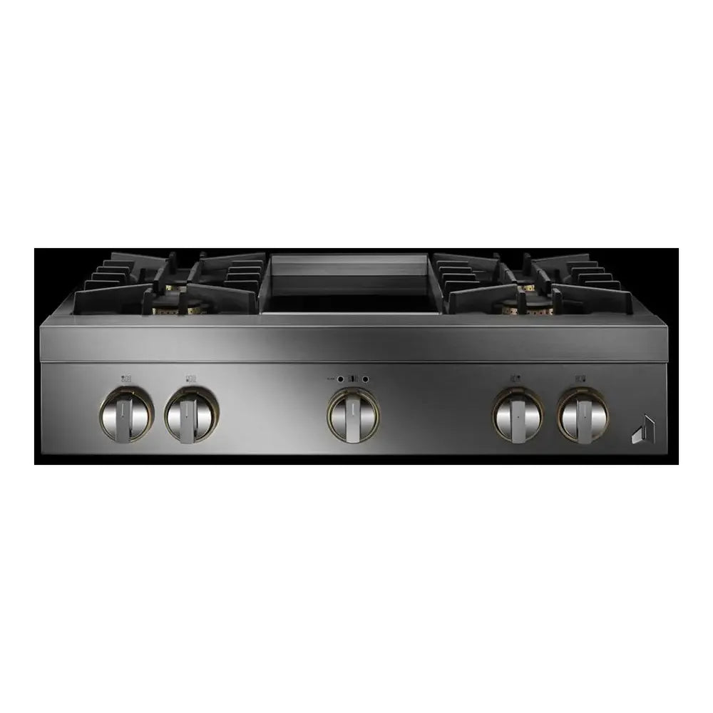 JennAir RISE 36 inch Gas Rangetop with 4 Sealed Brass Burners, Electronic Ignition Flame-Sensing Reignition, Chrome Infused Griddle in Stainless Steel, JGCP536HL