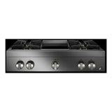 JennAir RISE 36 inch Gas Rangetop with 4 Sealed Brass Burners, Electronic Ignition Flame-Sensing Reignition, Chrome Infused Griddle in Stainless Steel, JGCP536HL