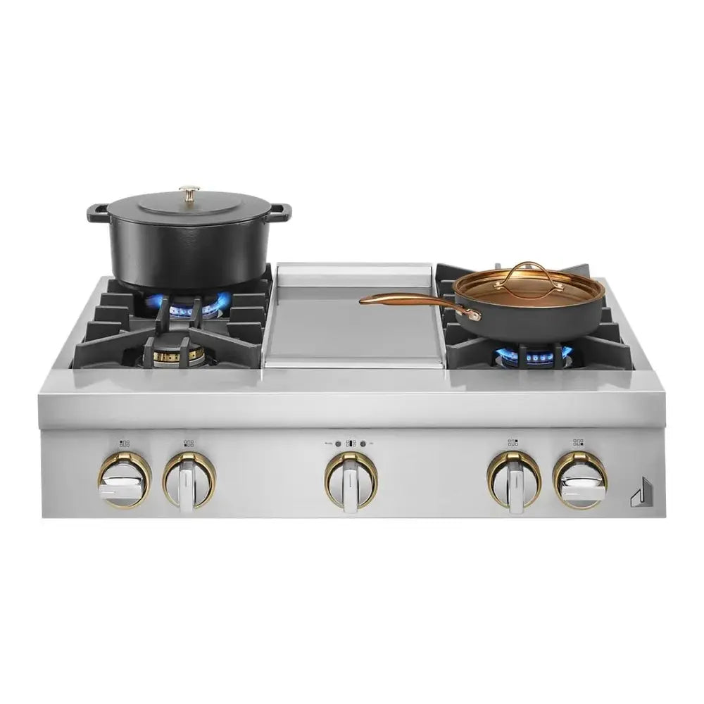 JennAir RISE 36 inch Gas Rangetop with 4 Sealed Brass Burners, Electronic Ignition Flame-Sensing Reignition, Chrome Infused Griddle in Stainless Steel, JGCP536HL