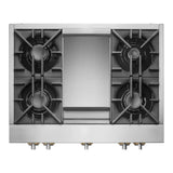 JennAir RISE 36 inch Gas Rangetop with 4 Sealed Brass Burners, Electronic Ignition Flame-Sensing Reignition, Chrome Infused Griddle in Stainless Steel, JGCP536HL