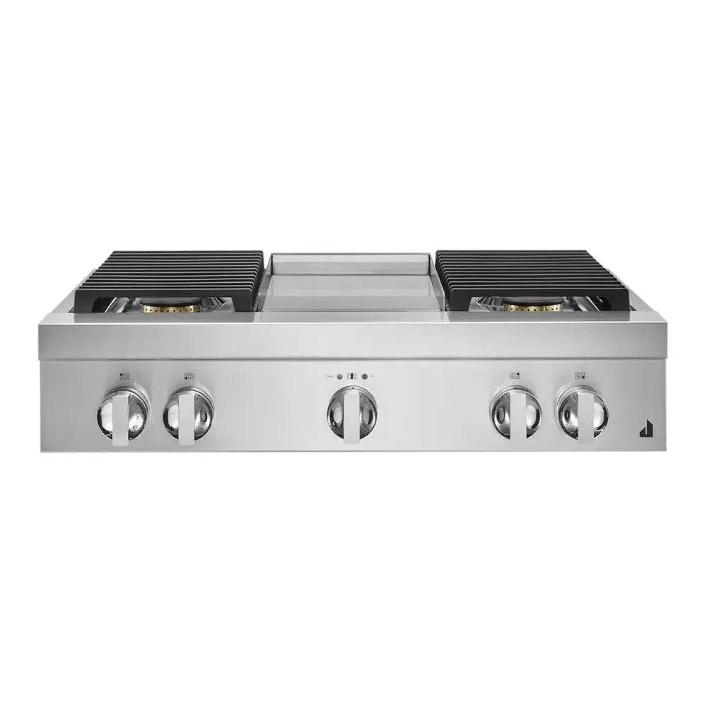 JennAir NOIR 36 inch Gas Rangetop with 4 Sealed Brass Burners, Electronic Ignition Flame-Sensing Reignition, Chrome Infused Griddle in Stainless Steel, JGCP536HM