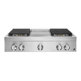 JennAir NOIR 36 inch Gas Rangetop with 4 Sealed Brass Burners, Electronic Ignition Flame-Sensing Reignition, Chrome Infused Griddle in Stainless Steel, JGCP536HM