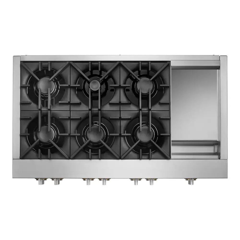 JennAir RISE 48 inch Gas Rangetop with 6 Sealed Burners, Cast Iron Grates, Electronic Ignition with Flame-Sensing Reignition and Chrome Infused Griddle in Stainless Steel, JGCP548HL