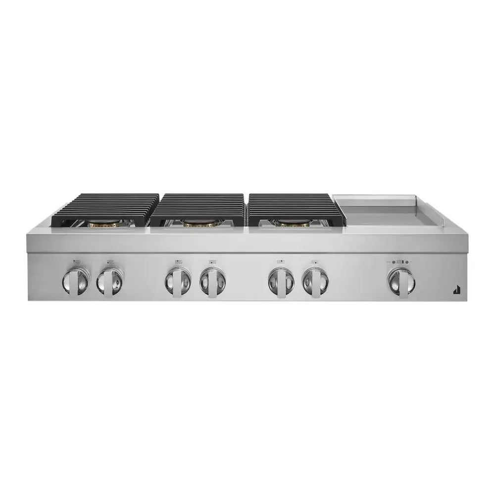 JennAir NOIR 48 inch Gas Rangetop with 6 Sealed Burners, Cast Iron Grates, Electronic Ignition with Flame-Sensing Reignition and Chrome Infused Griddle in Stainless Steel, JGCP548HM