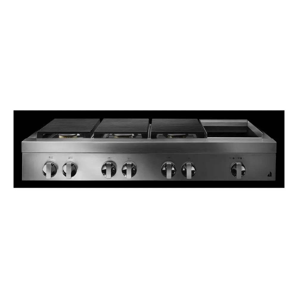 JennAir NOIR 48 inch Gas Rangetop with 6 Sealed Burners, Cast Iron Grates, Electronic Ignition with Flame-Sensing Reignition and Chrome Infused Griddle in Stainless Steel, JGCP548HM