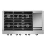 JennAir NOIR 48 inch Gas Rangetop with 6 Sealed Burners, Cast Iron Grates, Electronic Ignition with Flame-Sensing Reignition and Chrome Infused Griddle in Stainless Steel, JGCP548HM