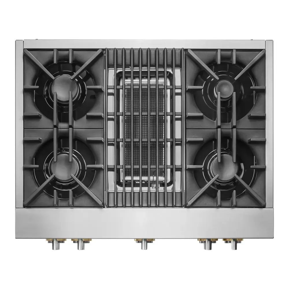 JennAir RISE 36 inch Gas Rangetop with 4 Sealed Burners, Dishwasher safe Cast Iron Grates, Electronic Ignition Flame-Sensing Reignition, Grill, in Stainless Steel, JGCP636HL