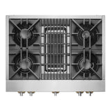 JennAir RISE 36 inch Gas Rangetop with 4 Sealed Burners, Dishwasher safe Cast Iron Grates, Electronic Ignition Flame-Sensing Reignition, Grill, in Stainless Steel, JGCP636HL