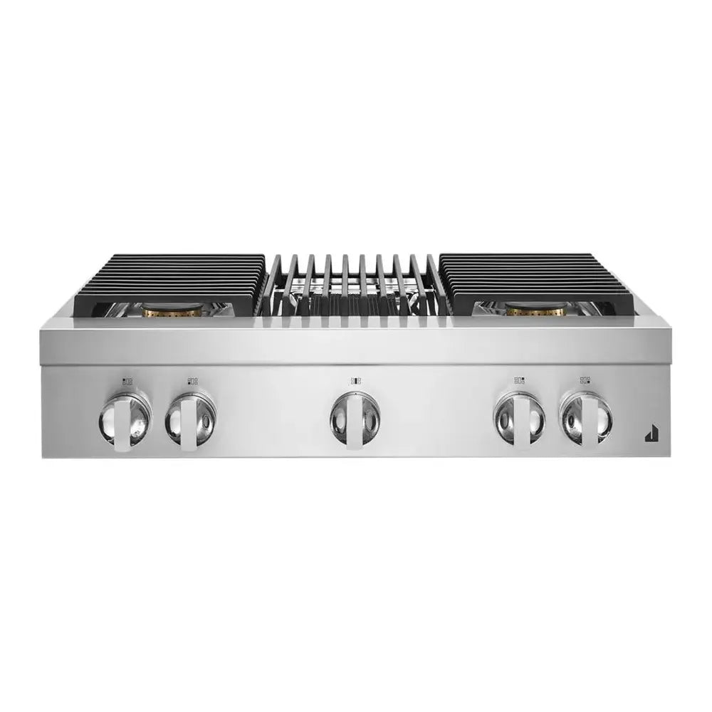 JennAir NOIR 36 inch Gas Rangetop with 4 Sealed Burners, Dishwasher safe Cast Iron Grates, Electronic Ignition Flame-Sensing Reignition, Grill, in Stainless Steel, JGCP636HM